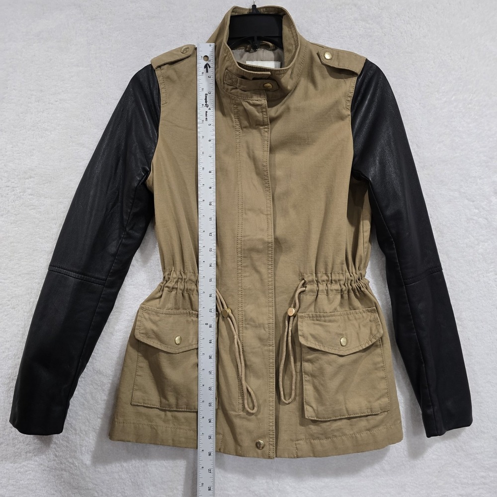 H&M Utility Jacket Faux Leather Sleeves Full Zip Workwear Pockets Polyester Sz 6 - Picture 8 of 14